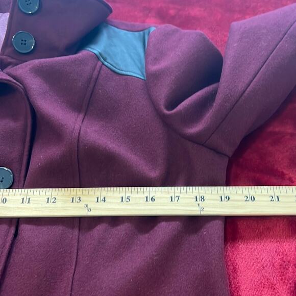 Nicole Miller Wool Peacoat Maroon Leather Trims L - Picture 5 of 8